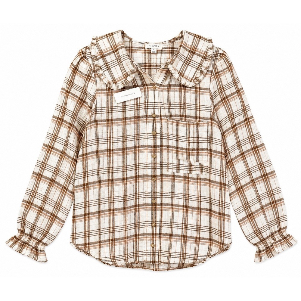 NWT Pilcro Anthropologie The Keira Blouse L Brown Plaid Button Up Long Sleeve